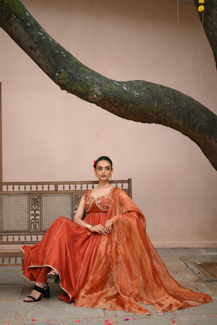 Rust Orange Tissue Anarkali