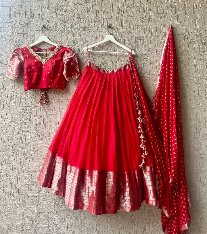 Red Pure Mangalgiri Silk Lehenga