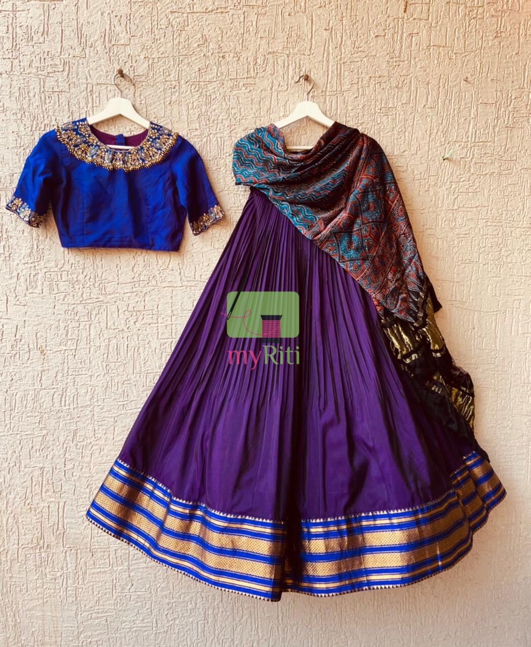Blue & Purple Pure Silk Narayanpet Lehenga
