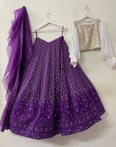 White & Purple Chikankari Lehenga