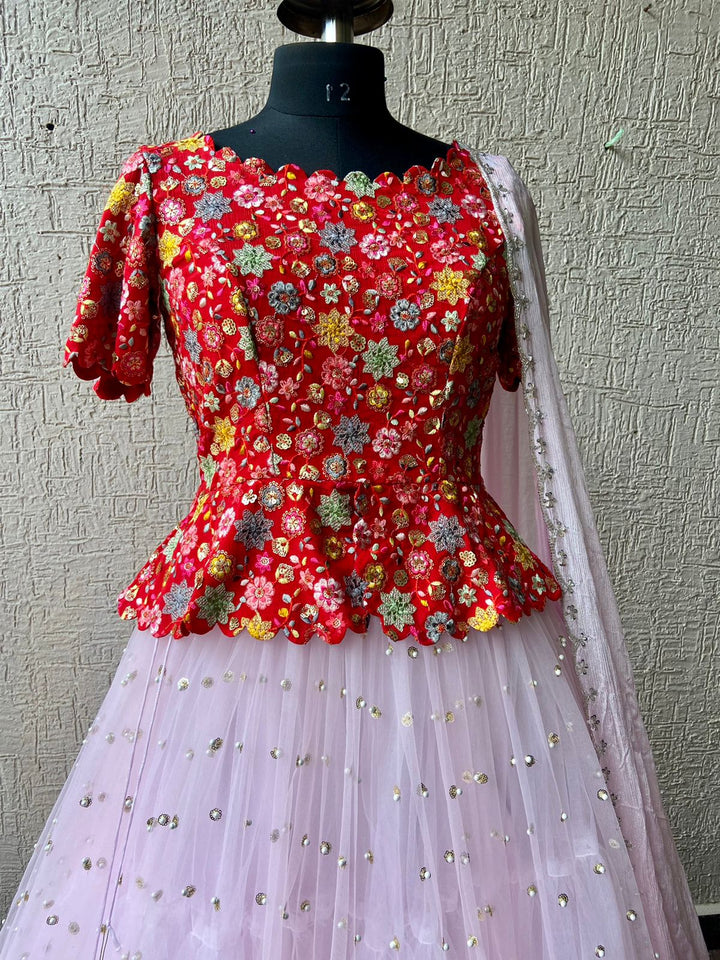 Red & Pink Heavy Net Lehenga