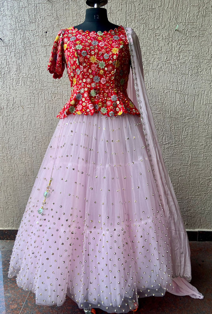 Red & Pink Heavy Net Lehenga