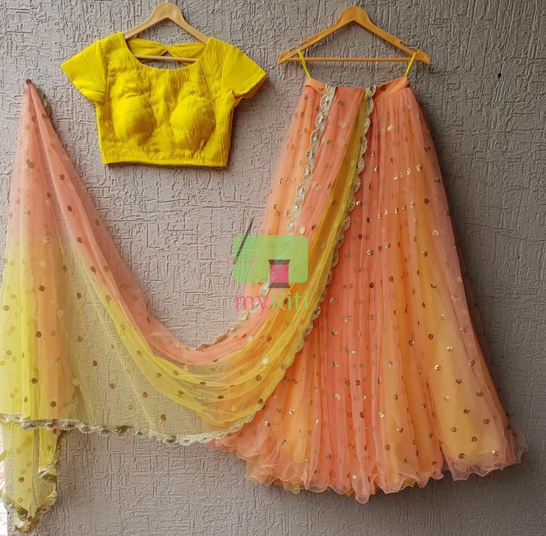 Yellow & Peach Net Lehenga