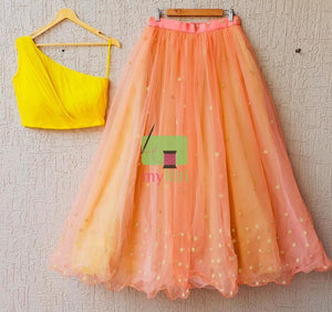 Yellow & Peach Net Lehenga