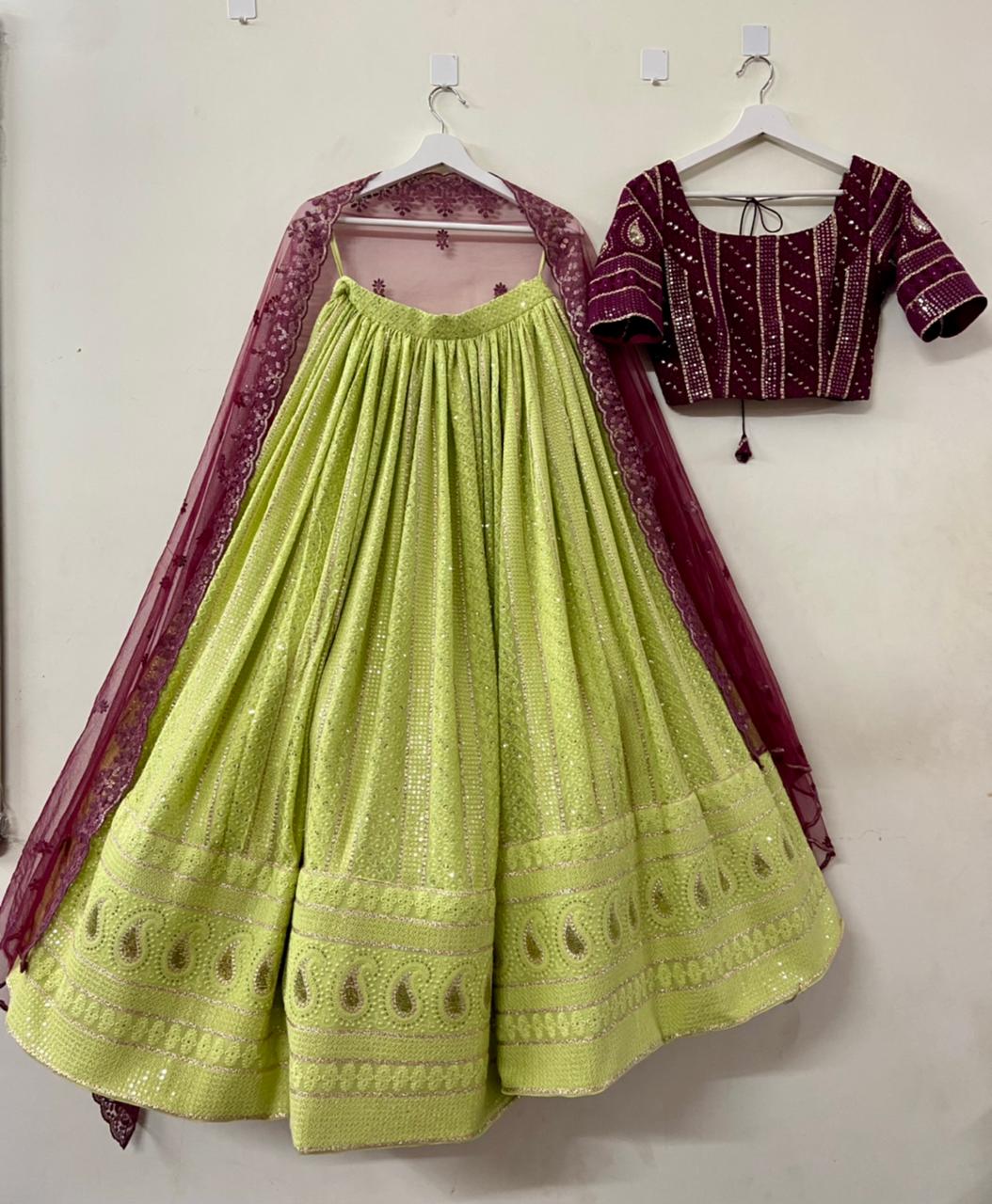 Magenta & Pista Chikankari Lehenga