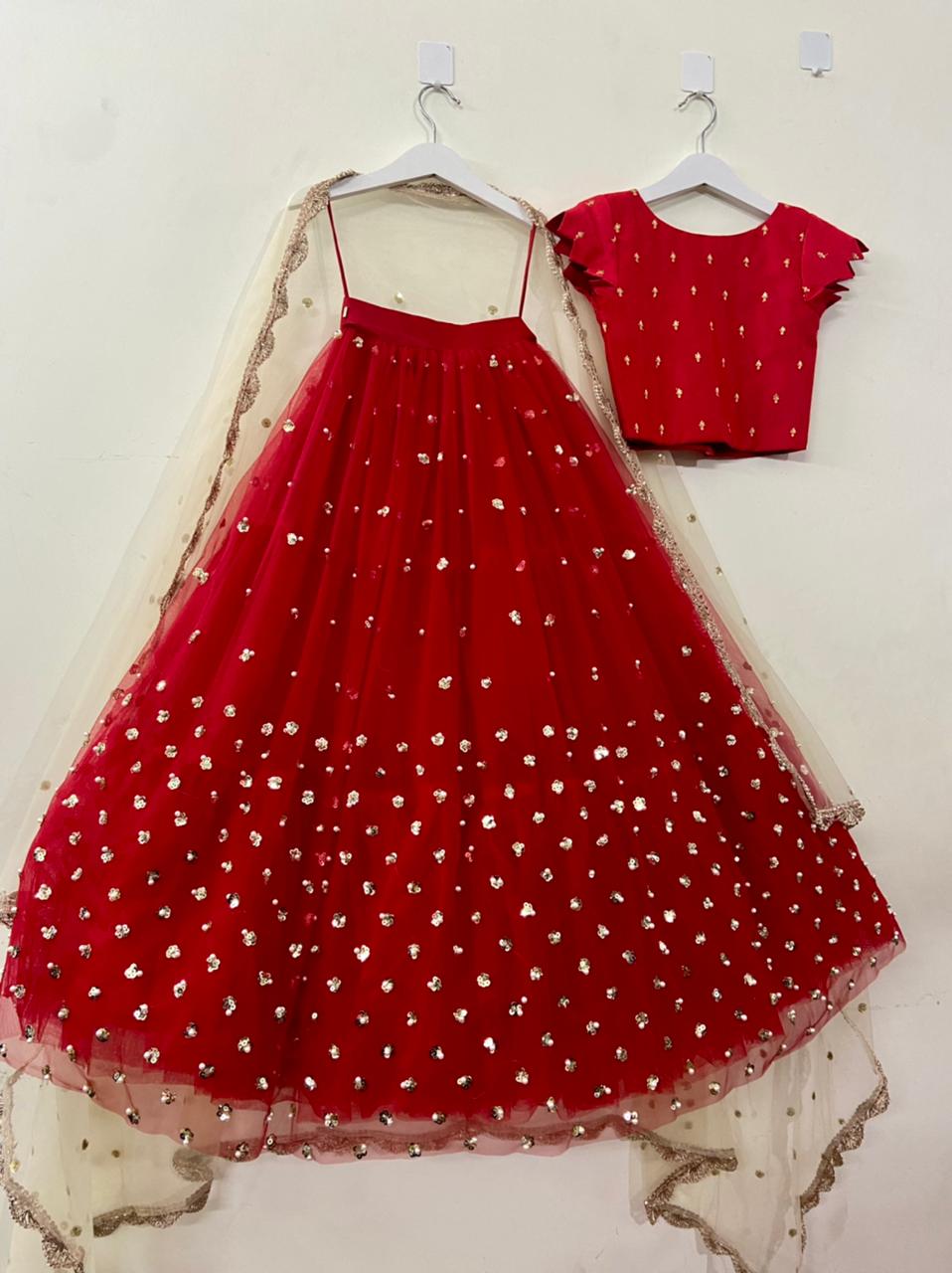 Red Pearls Net Lehenga