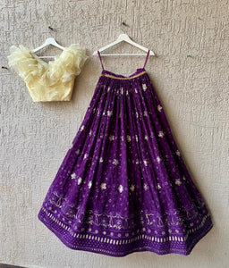 Ivory & Dark Purple Chikankari Lehenga