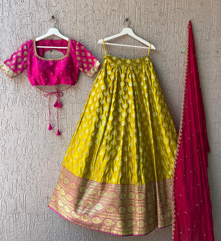 Pink & LemonYellowish Banaras Silk Lehenga