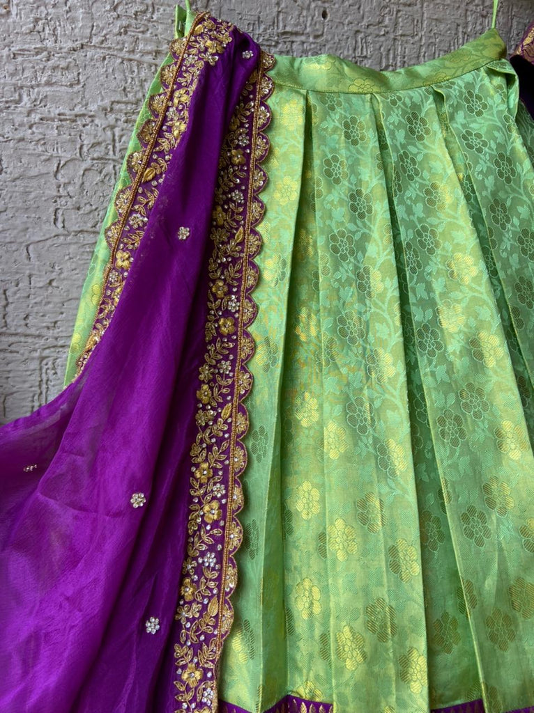 Green Ikkat Lehenga Pink Blouse - Indian Dresses