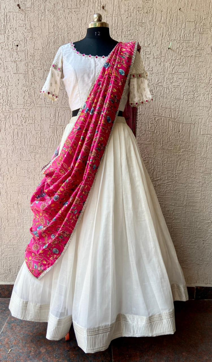 Halfwhite Pure Mangalgiri Silk Lehenga