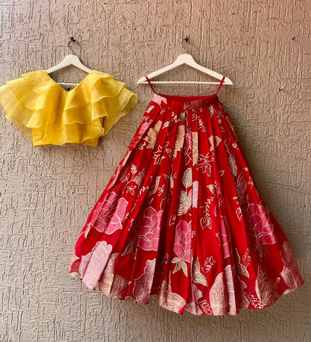 Yellow & Red Floral Thread work Lehenga