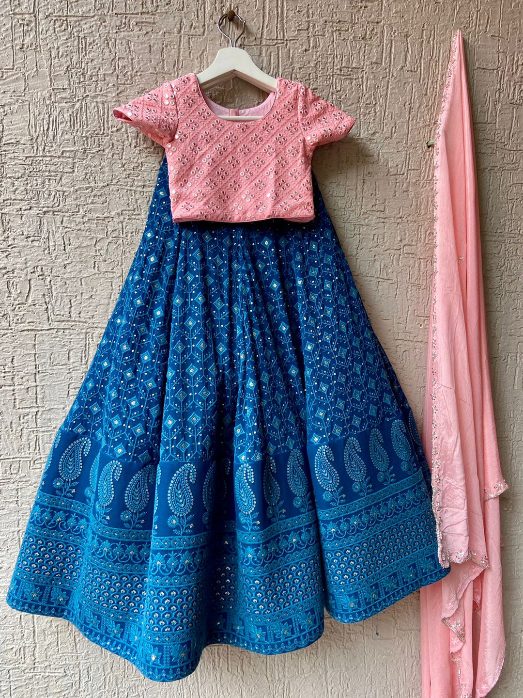 Pink and Peacock Blue Chikankari Lehenga – myRiti