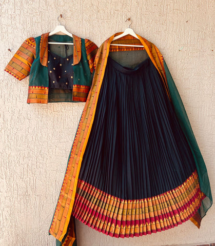Stylish Black Narayanpet Lehenga showcasing traditional weaving patterns, ideal for women seeking a fusion of classic and contemporary party wear.