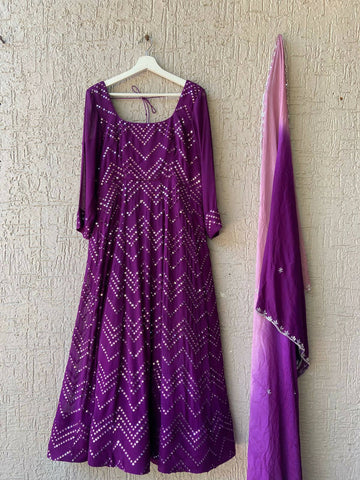 Purple Chikankari Mirror Work Gown