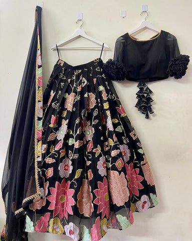 Elegant Black Floral Thread Work Lehenga from MyRiti, perfect for those seeking sophisticated and unique online lehengas.