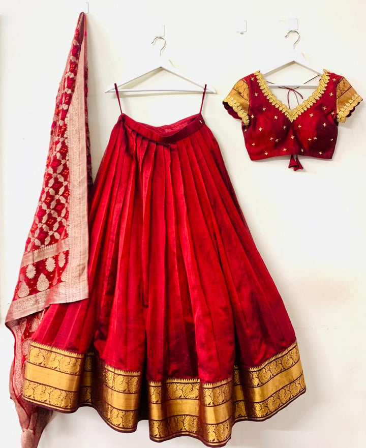 Dark Red Pure Mangalgiri Silk Lehenga