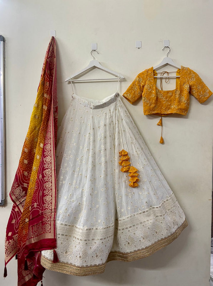 Yellow and Halfwhite Chikankari Lehenga