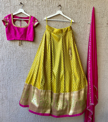 Pink & LemonYellowish Banaras Silk Lehenga