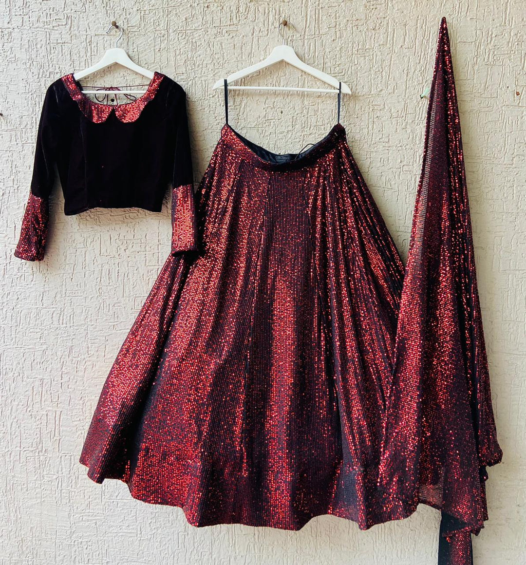 Dark Red Sequin Lehenga