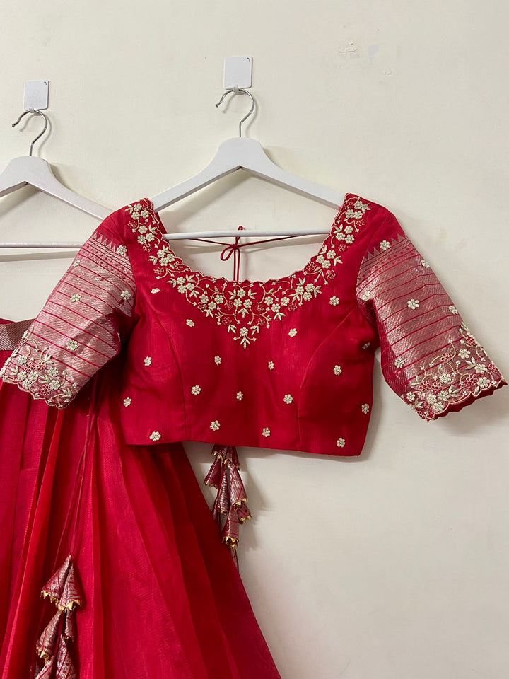 Red Pure Mangalgiri Silk Lehenga