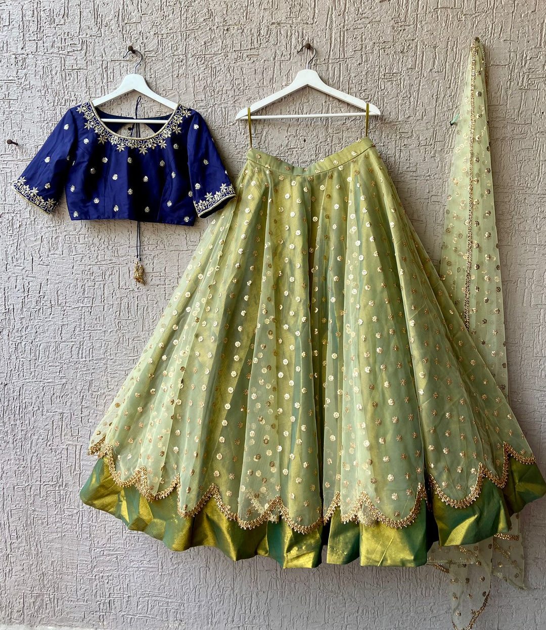 Navy Blue & Pista Green Net and Tissue Lehenga