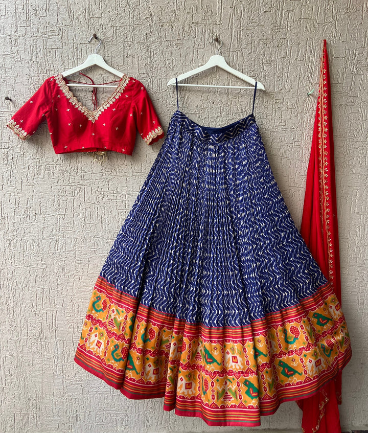 Red & Blue Patola Silk Lehenga