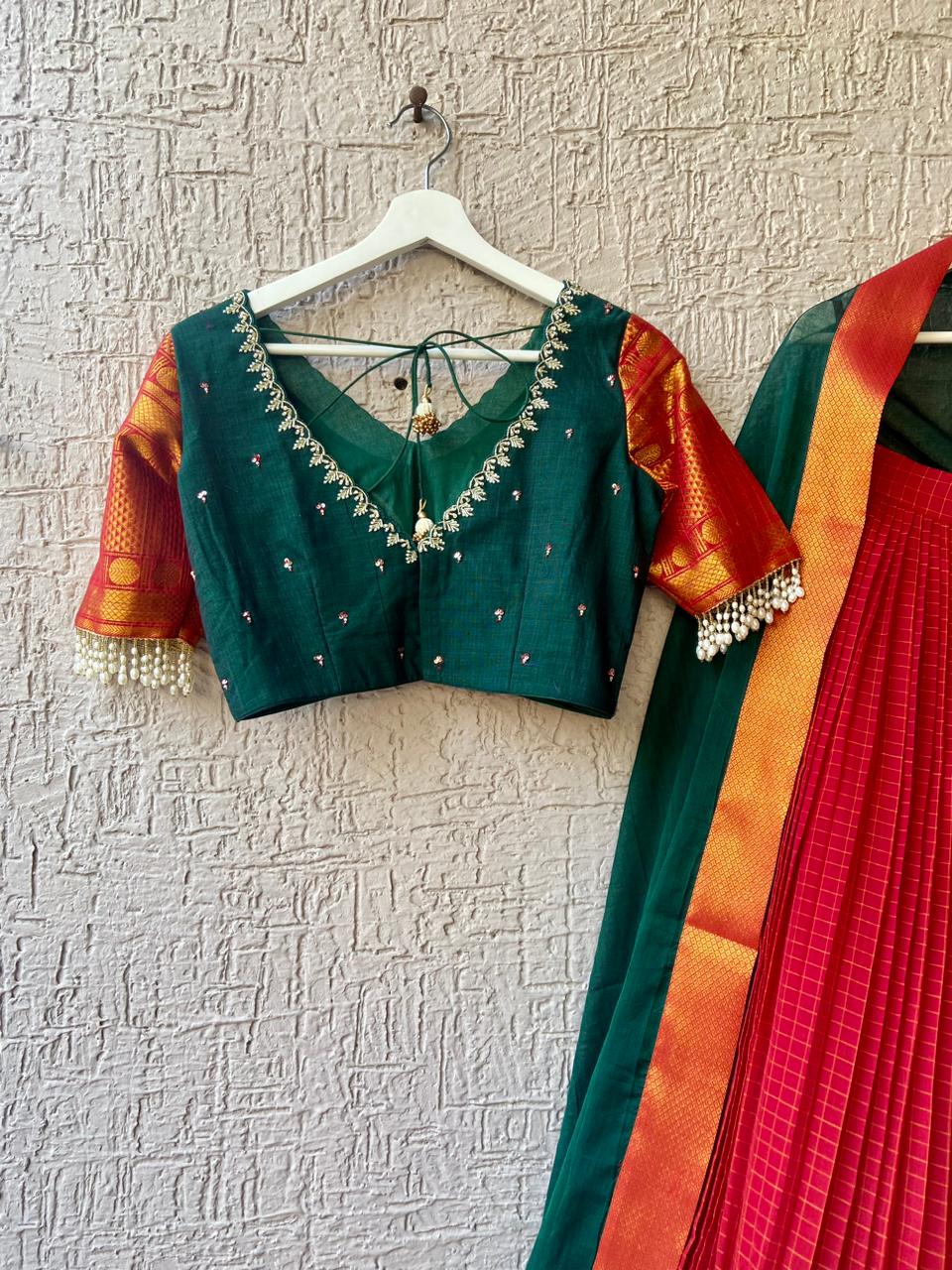 Green & Red Handloom Half Saree