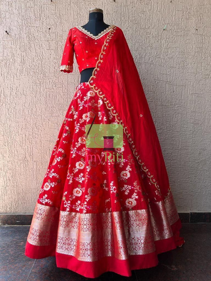 Red Banarasi Organza Silk Lehenga