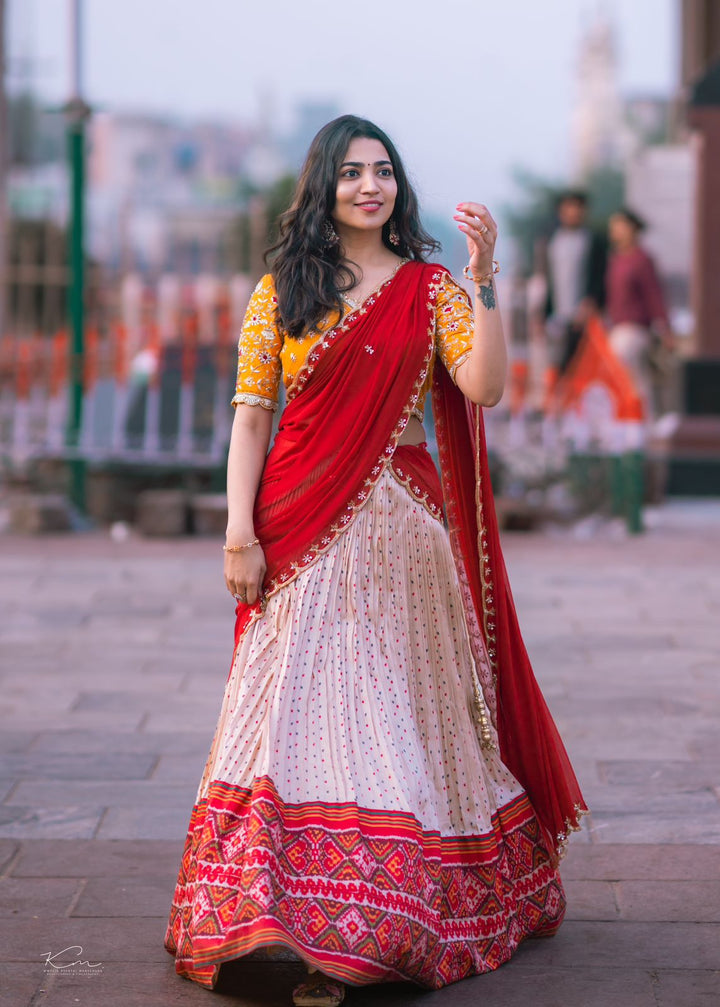 Yellow and Cream Bandani Patola Lehenga