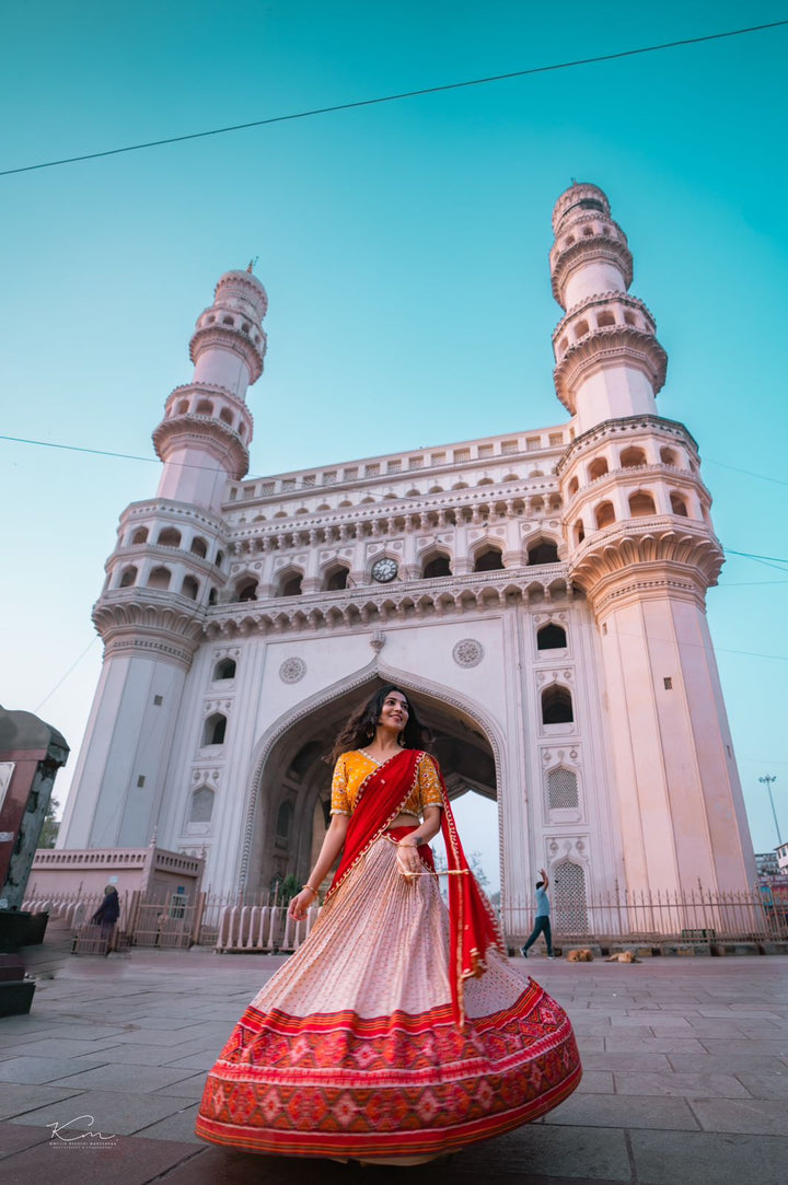 Yellow and Cream Bandani Patola Lehenga