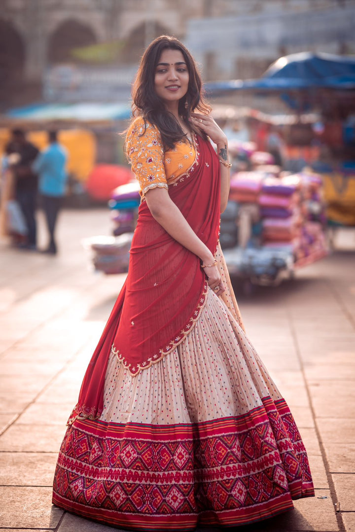 Yellow and Cream Bandani Patola Lehenga