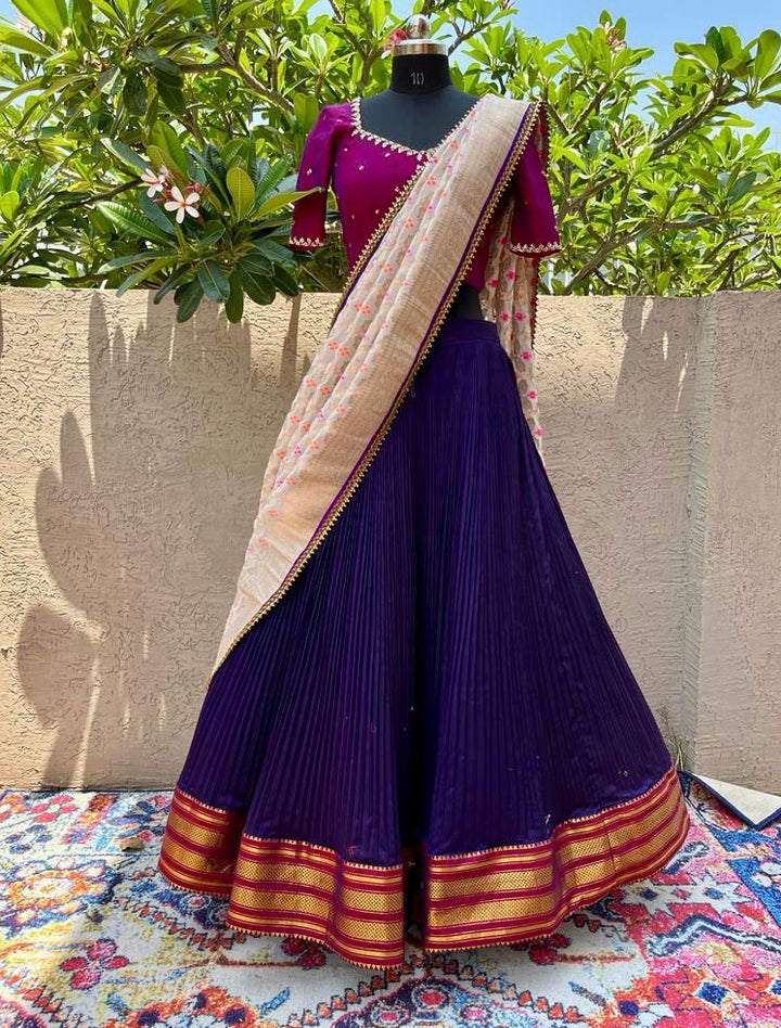 Purple & Blue Pure Silk Narayanpet Lehenga