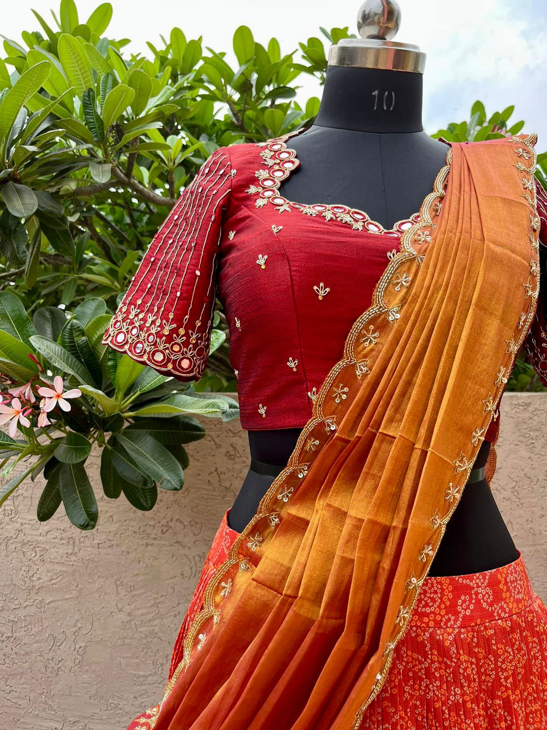 Red and Orange Bandani Patola Lehenga