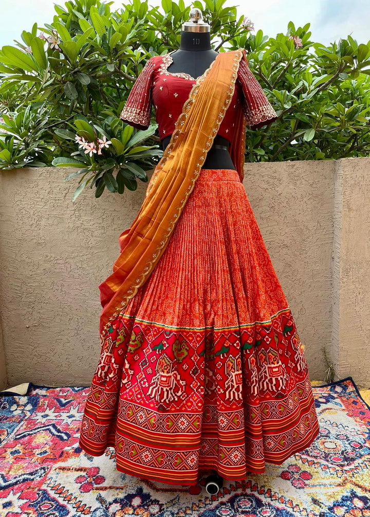 Red and Orange Bandani Patola Lehenga