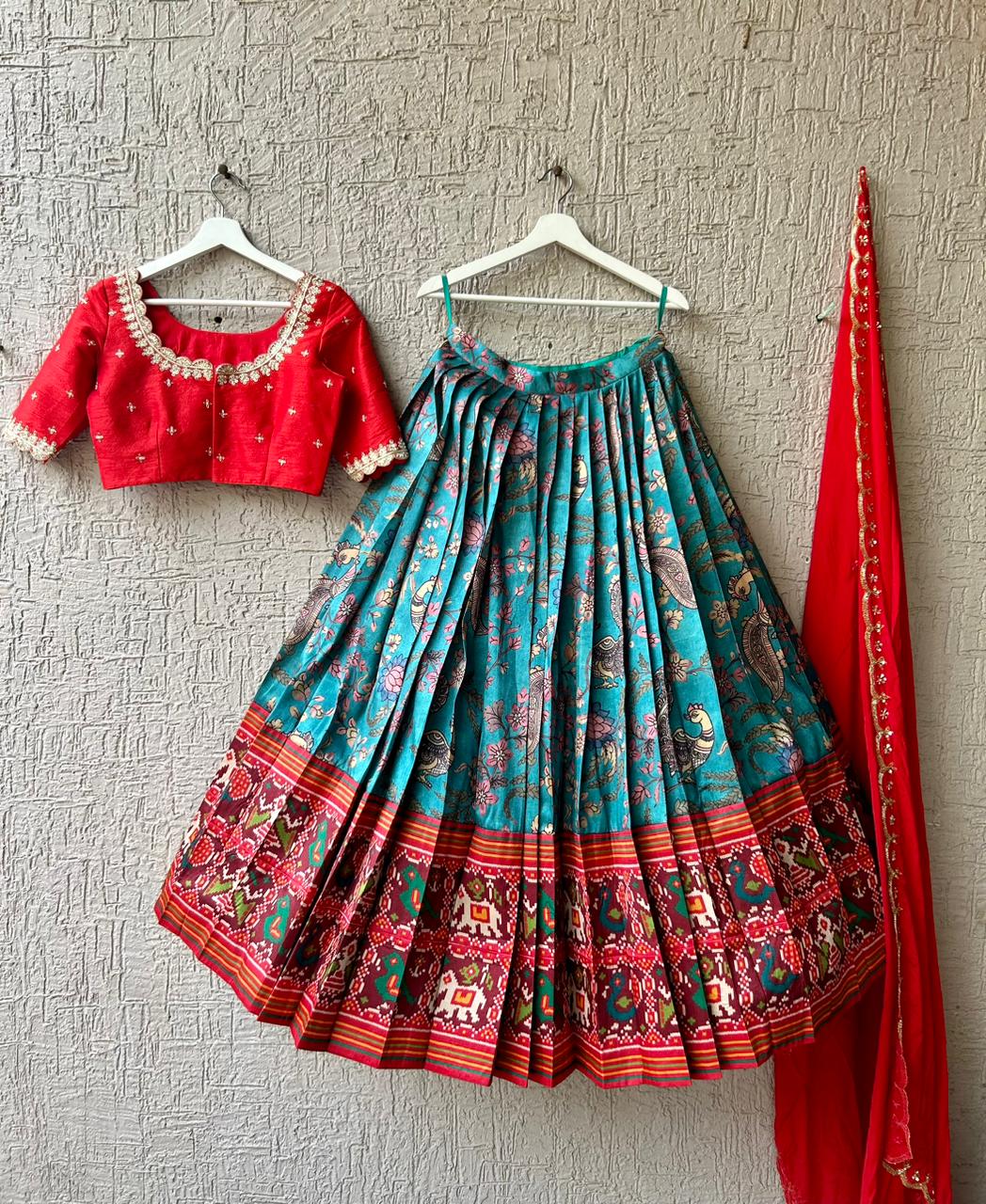 Red & Sea Blue Kalamkari Silk Lehenga