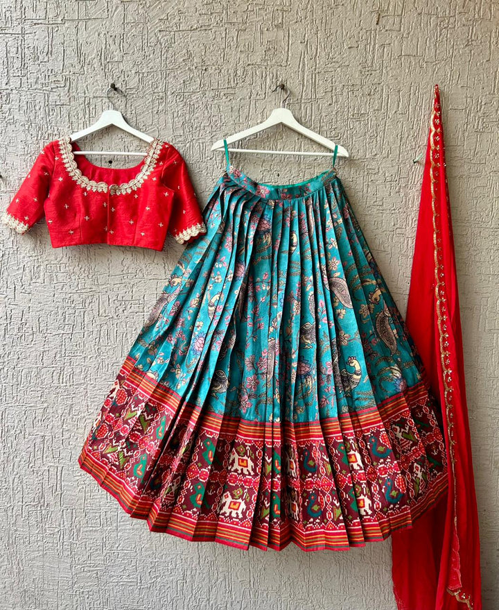 Red & Sea Blue Kalamkari Silk Lehenga