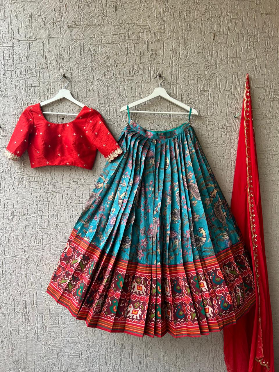 Red & Sea Blue Kalamkari Silk Lehenga