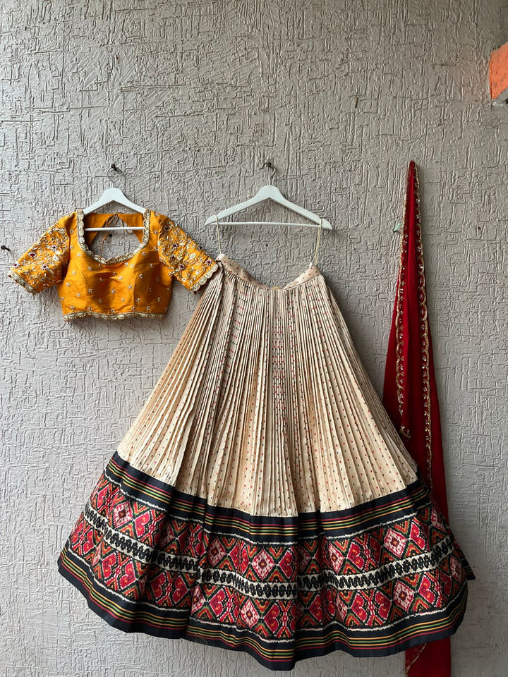 Yellow and Cream Bandani Patola Lehenga