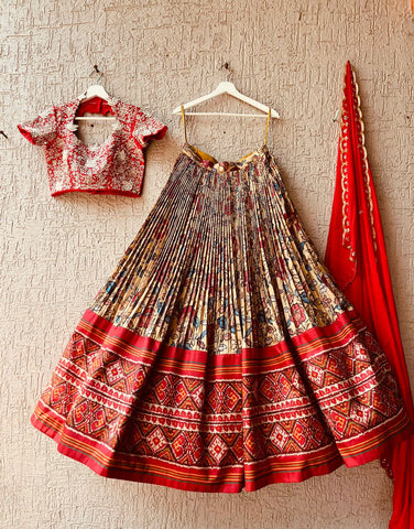 Red Kalamkari Silk Lehenga