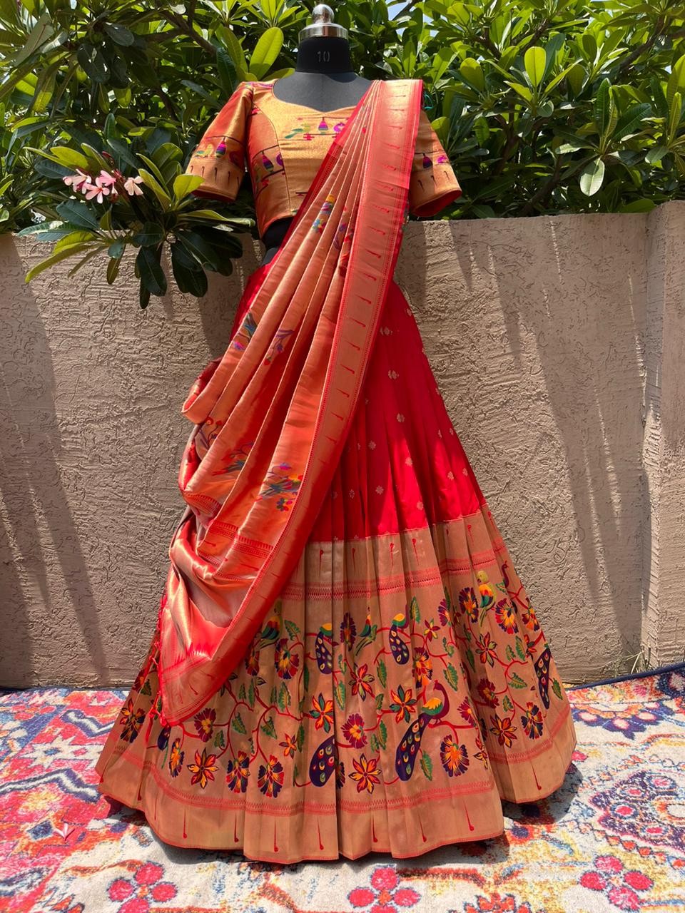 Red Paithani Silk Lehenga