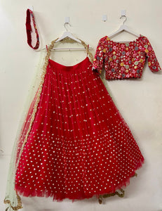 Red Heavy Net Lehenga