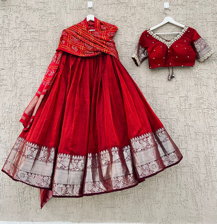 Dark Red Pure Mangalgiri Silk Lehenga