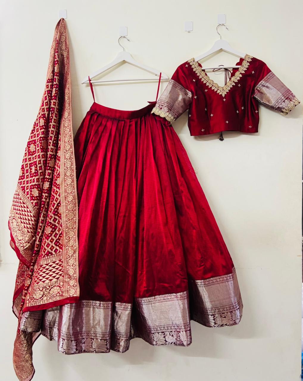 Dark Red Pure Mangalgiri Silk Lehenga