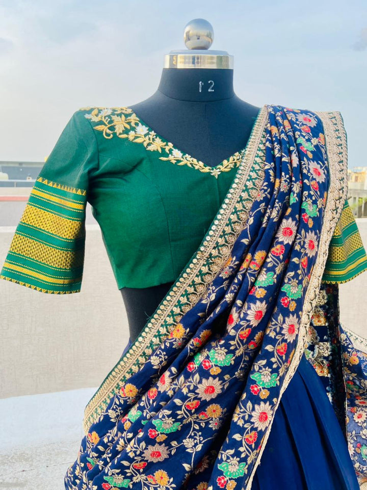 Blue & Green Pure Silk Narayanpet Lehenga