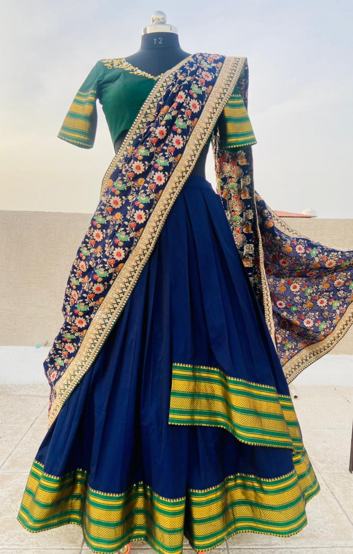 Blue & Green Pure Silk Narayanpet Lehenga