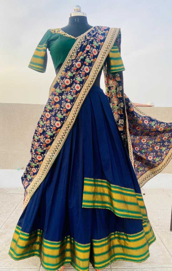 Striking Green & Navy Blue Banglori Silk Embroidered Work Online Lehenga  Choli Design - RJ Fashion