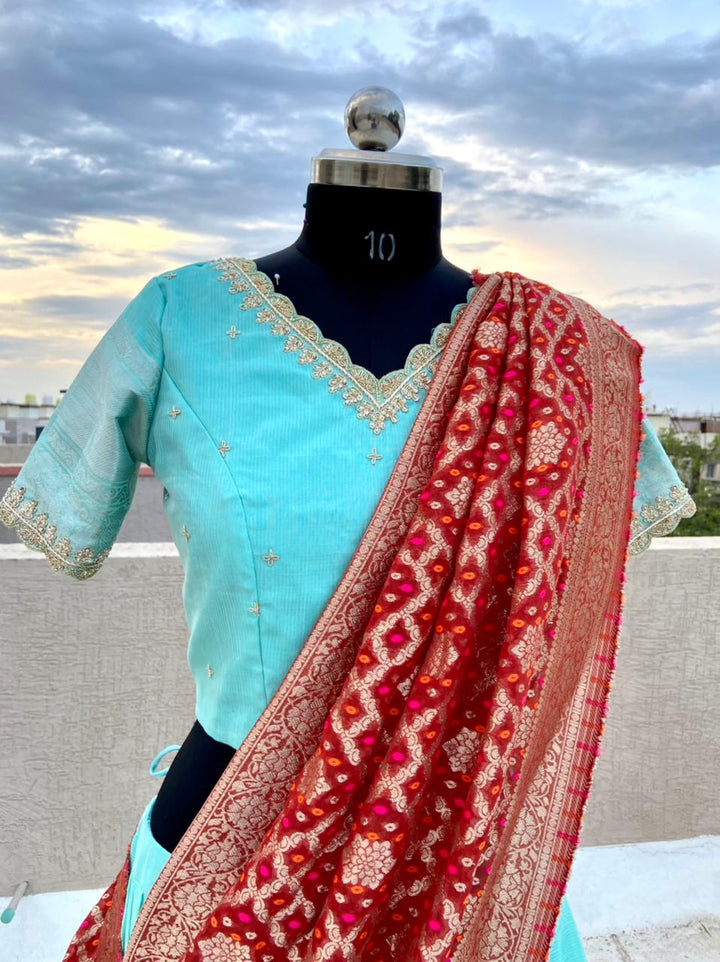 Sea Blue Mangalgiri Silk Lehenga