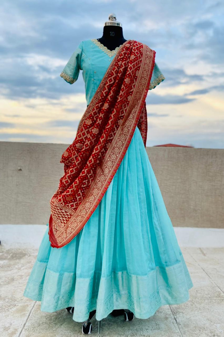 Sea Blue Mangalgiri Silk Lehenga