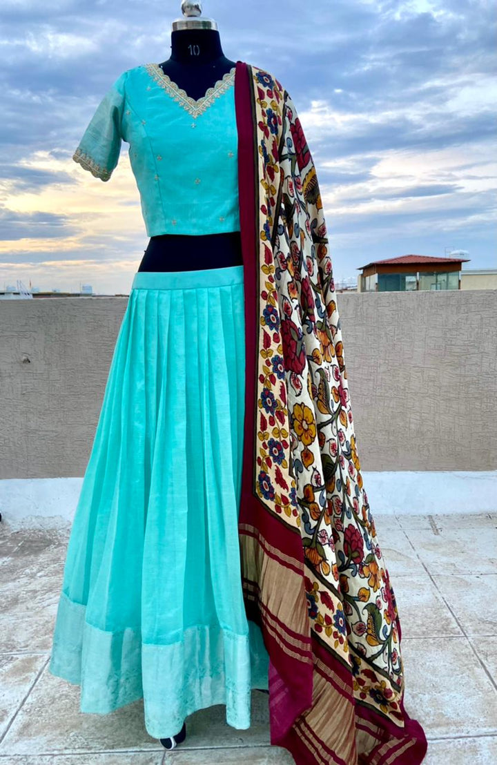 Sea Blue Pure Mangalgiri Silk Lehenga