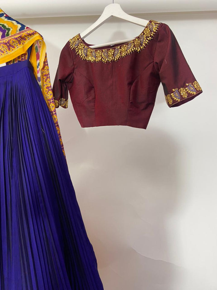 Maroon and Blue Pure Silk Narayanpet Lehenga